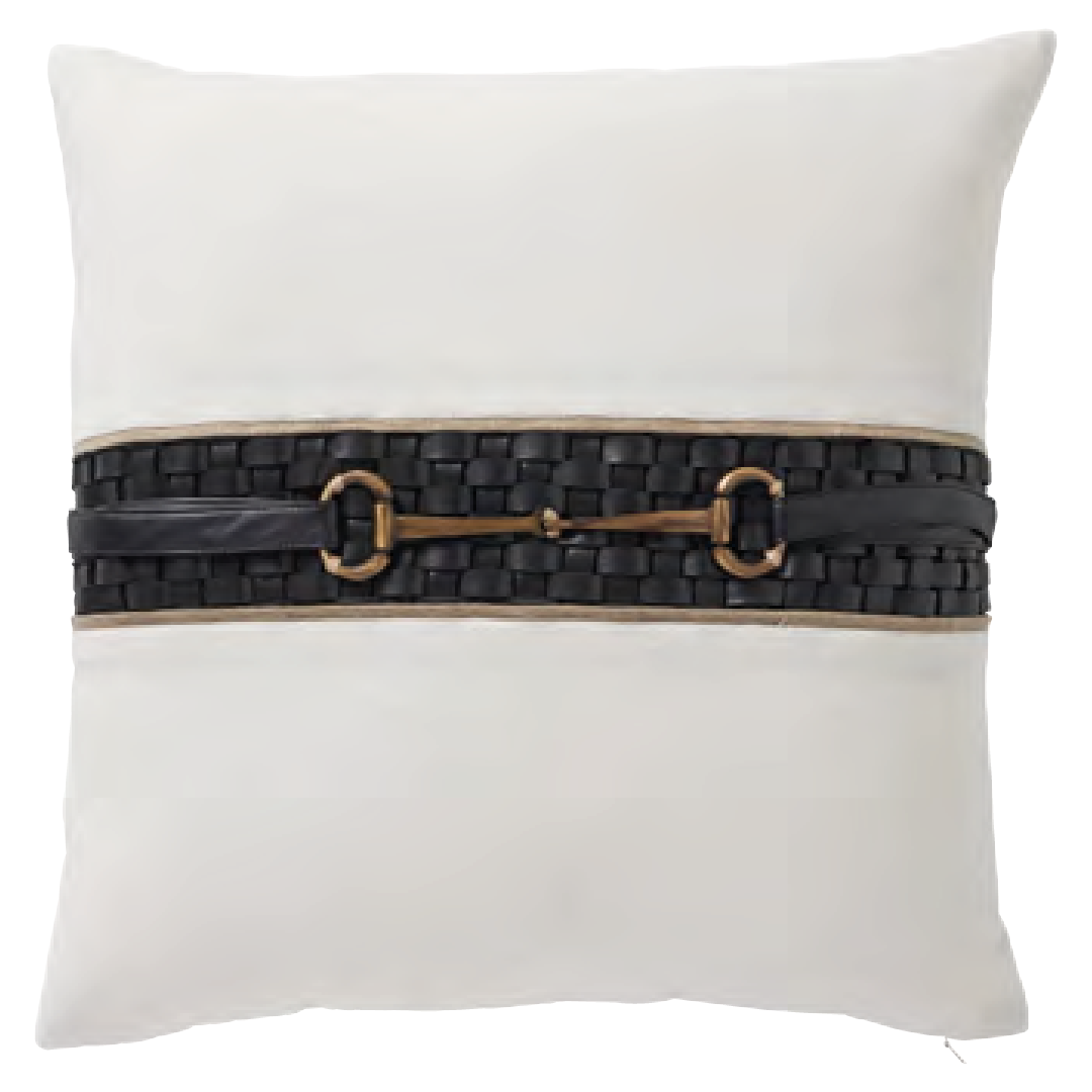 CODE_ EQ19 EQUINE LEATHER LUXE 50x50 100_ Cotton Slub. Braided Leather. Horsebit Applique. Knife Edge. وسادة إيكوين ليذر لوكس